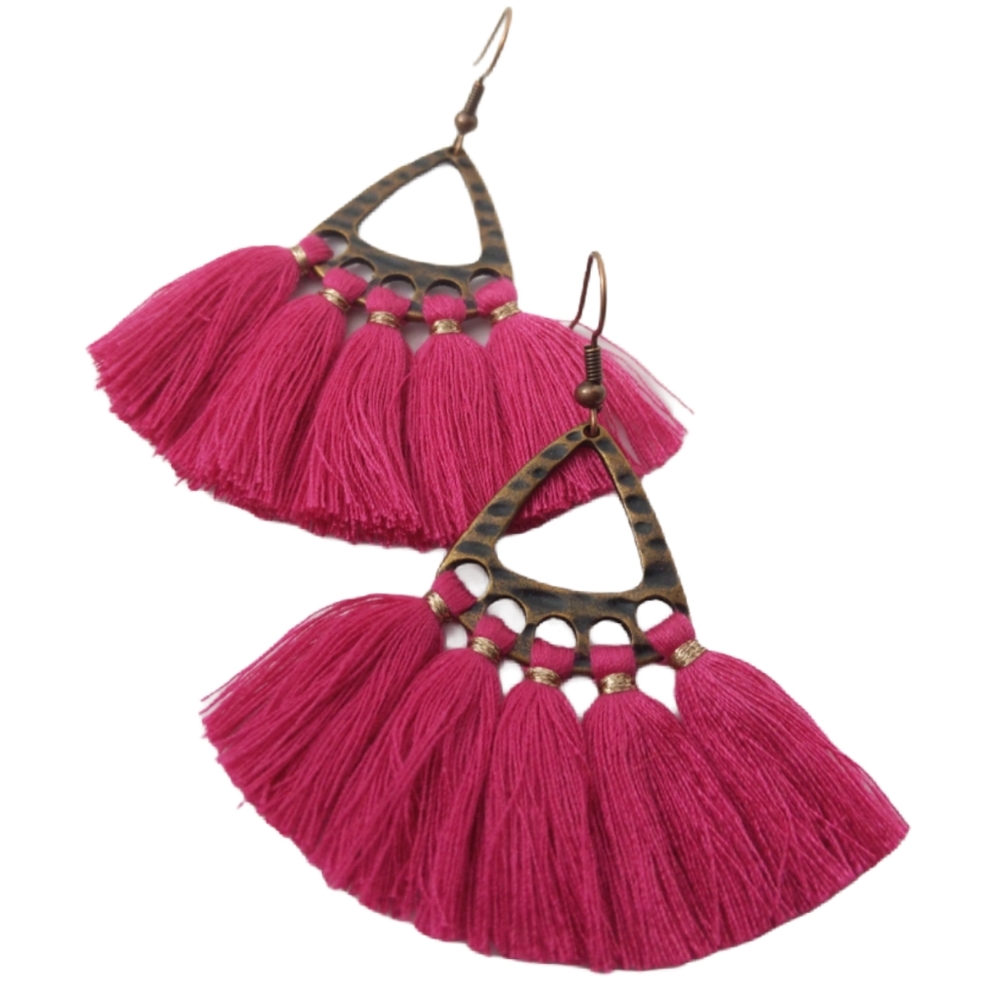 Bronze Bright Pink Tassel Earrings